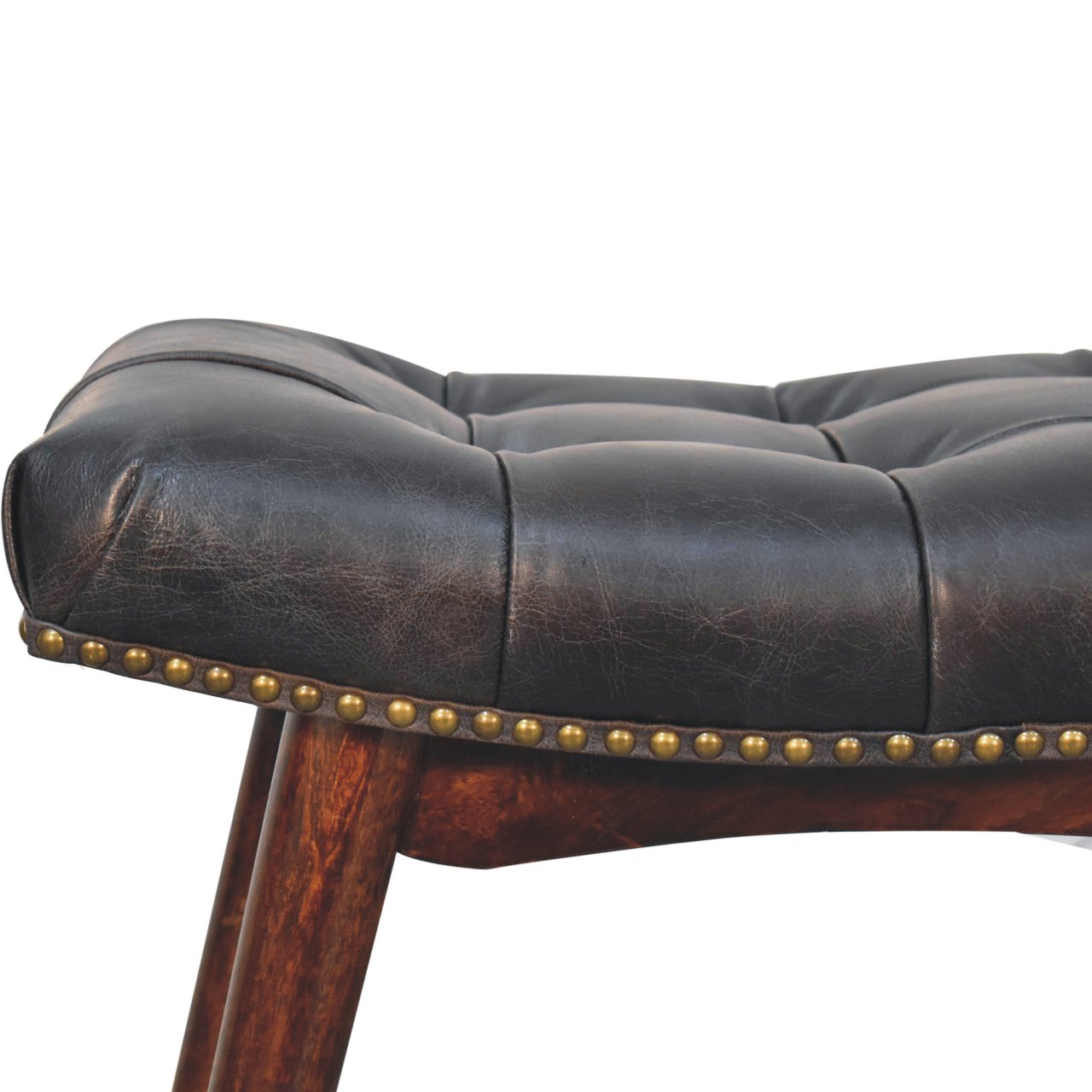 Solid Mango Wood California Walnut & Studded Black Leather Finished Bench - Image 4