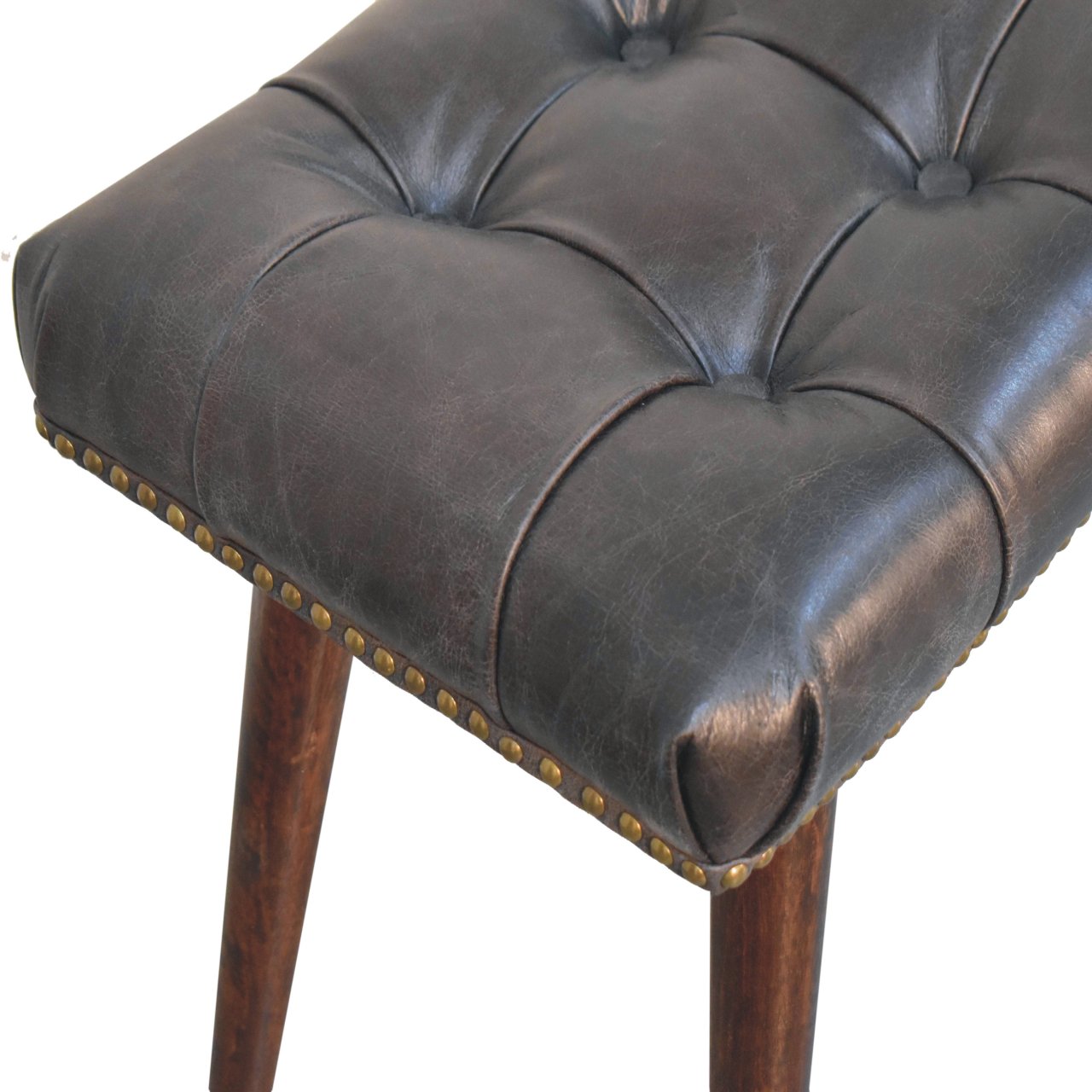 Solid Mango Wood California Walnut & Studded Black Leather Finished Bench - Image 5