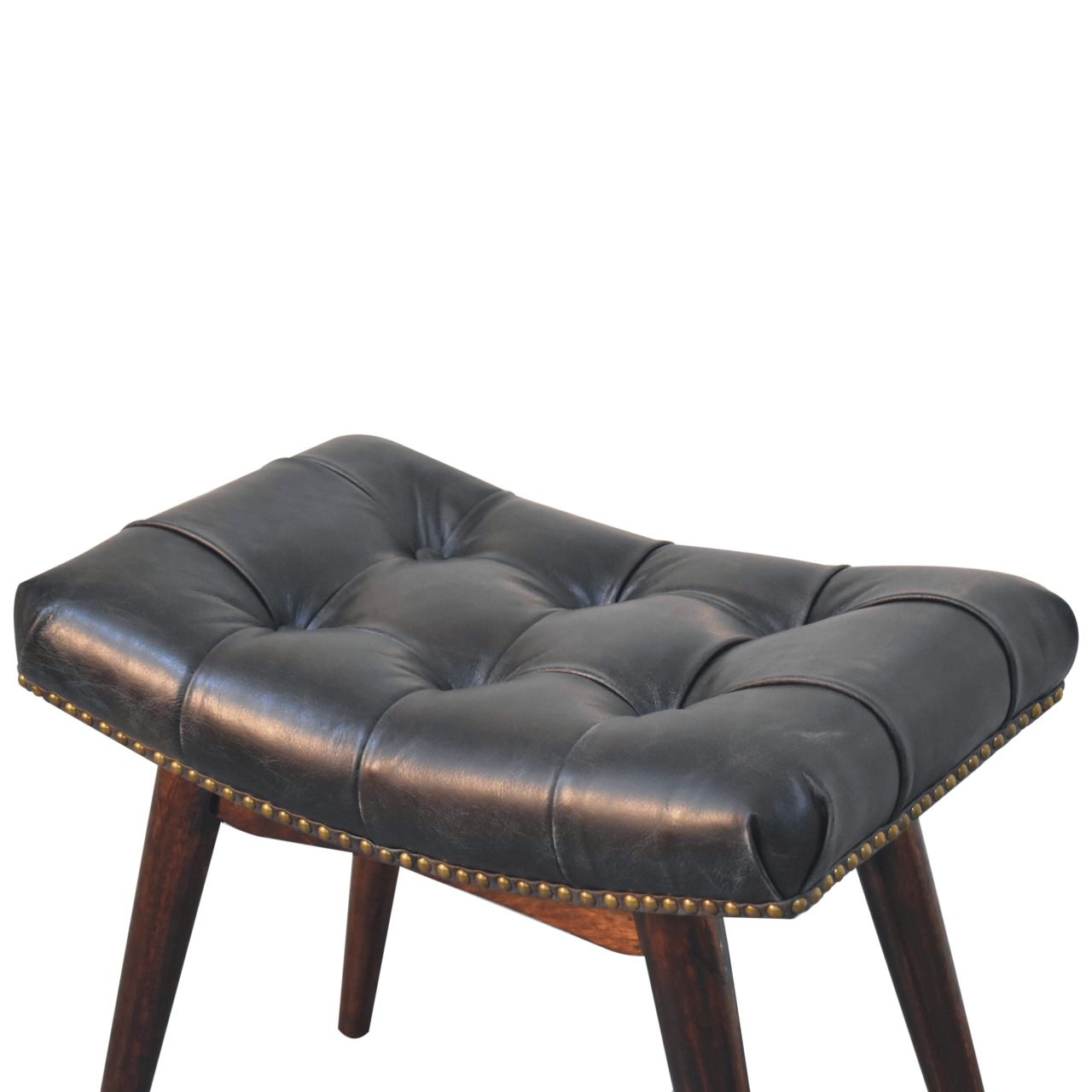 Solid Mango Wood California Walnut & Studded Black Leather Finished Bench - Image 6