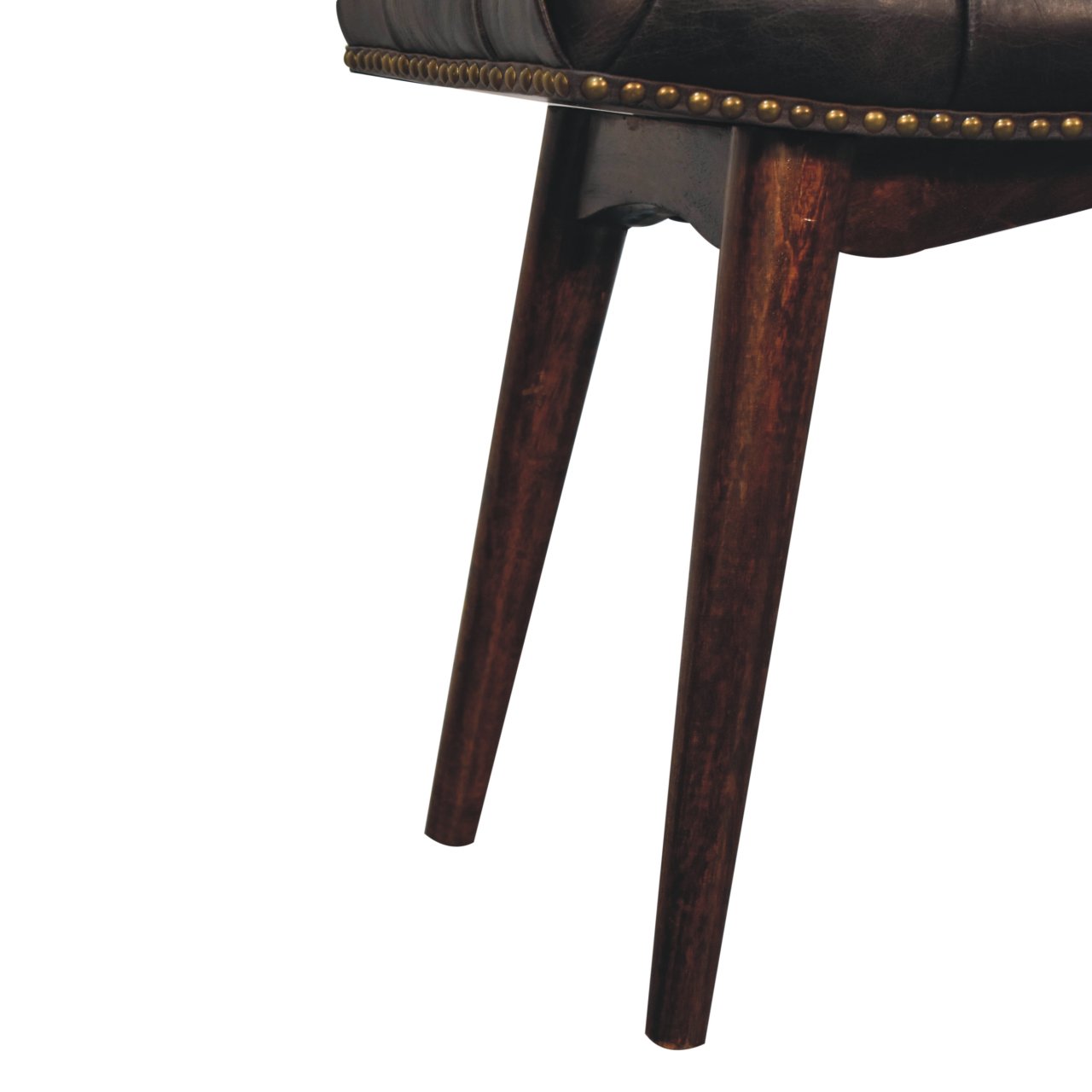 Solid Mango Wood California Walnut & Studded Black Leather Finished Bench - Image 7