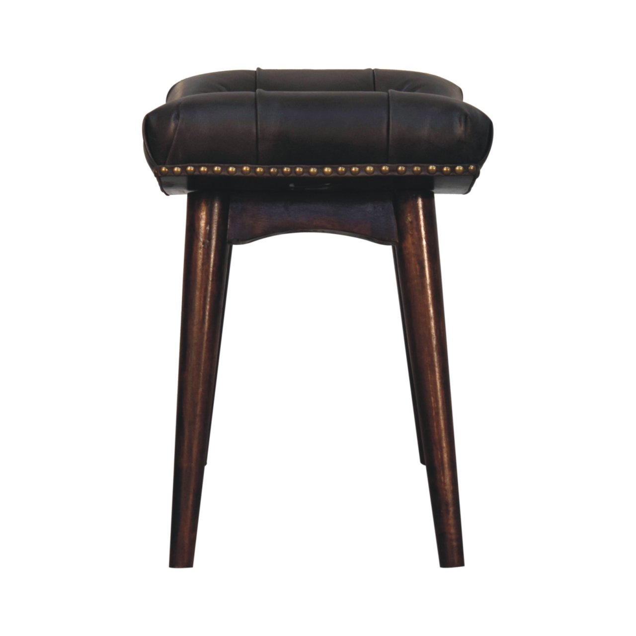 Solid Mango Wood California Walnut & Studded Black Leather Finished Bench - Image 8
