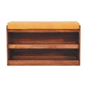 Solid Mango Wood Honey Caramel Finished Leather Pull Out Shoe Storage Bench