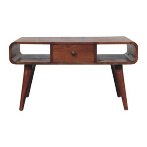 Solid Mango Wood Honey Caramel Finished Curved 2 Drawer Coffee Table
