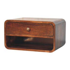 Solid Mango Wood Curved California Walnut Wall Mounted Bedside with Open Slot