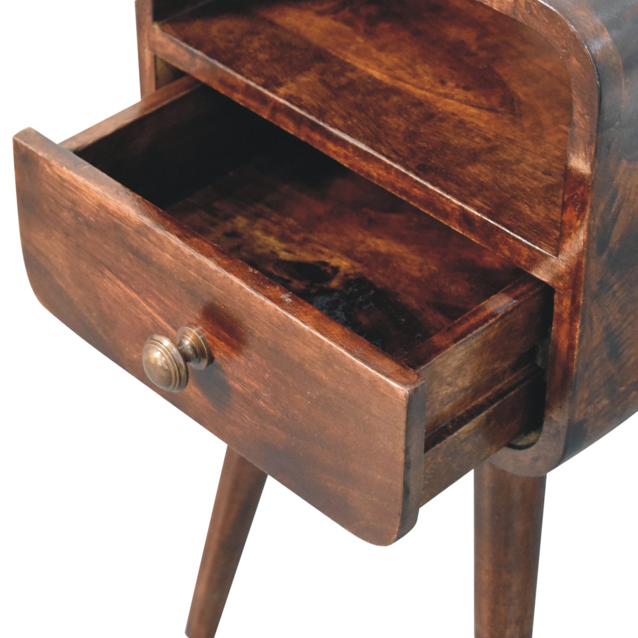 Solid Mango Wood Mini California Walnut Curved Bedside with Open Slot - Image 6