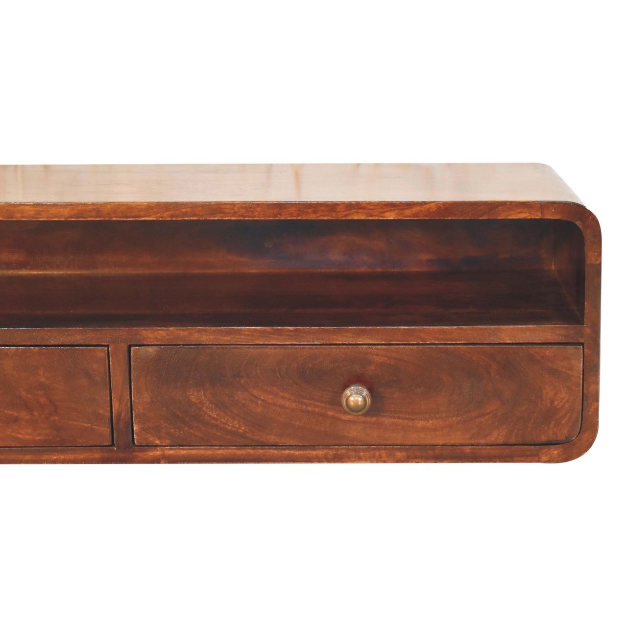 Solid Mango Wood California Walnut Finished 2 Drawer Floating Open Console - Image 3