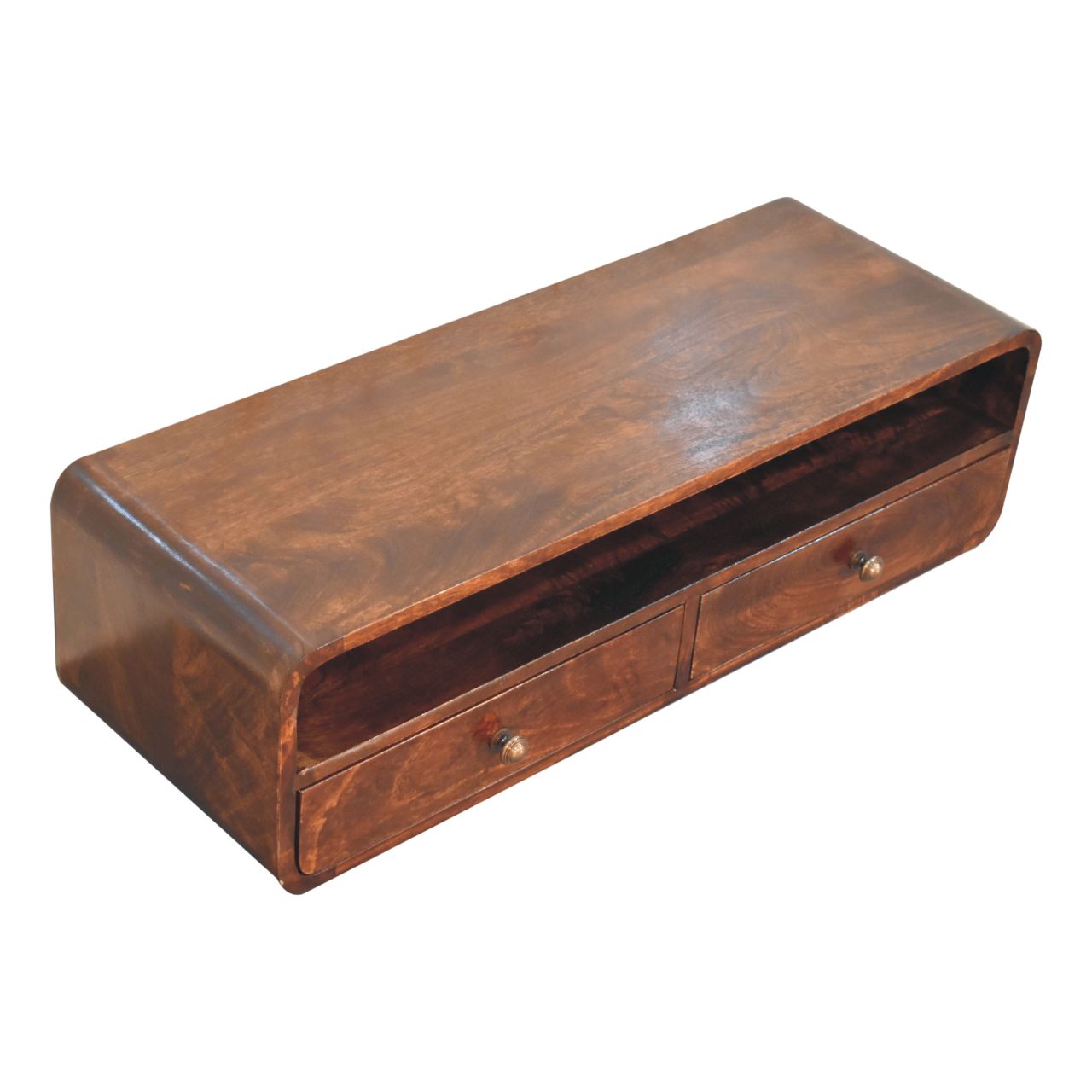 Solid Mango Wood California Walnut Finished 2 Drawer Floating Open Console - Image 4