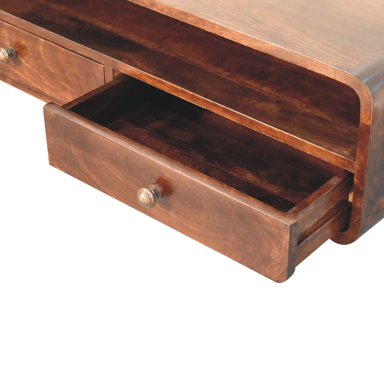 Solid Mango Wood California Walnut Finished 2 Drawer Floating Open Console - Image 5
