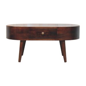 Solid Mango Wood California Walnut Finished 1 Drawer Rounded Coffee Table