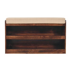 Solid Mango Wood California Walnut Finish & Mud Linen Upholstery Pull out Shoe Bench