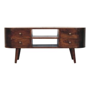 Solid Mango Wood California Walnut Finished Rounded 4 Drawer Entertainment Unit