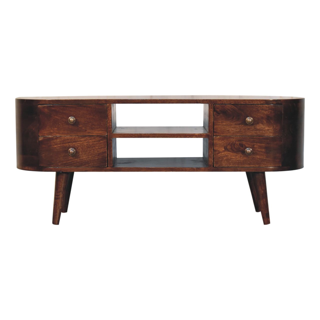 Solid Mango Wood California Walnut Finished Rounded 4 Drawer Entertainment Unit