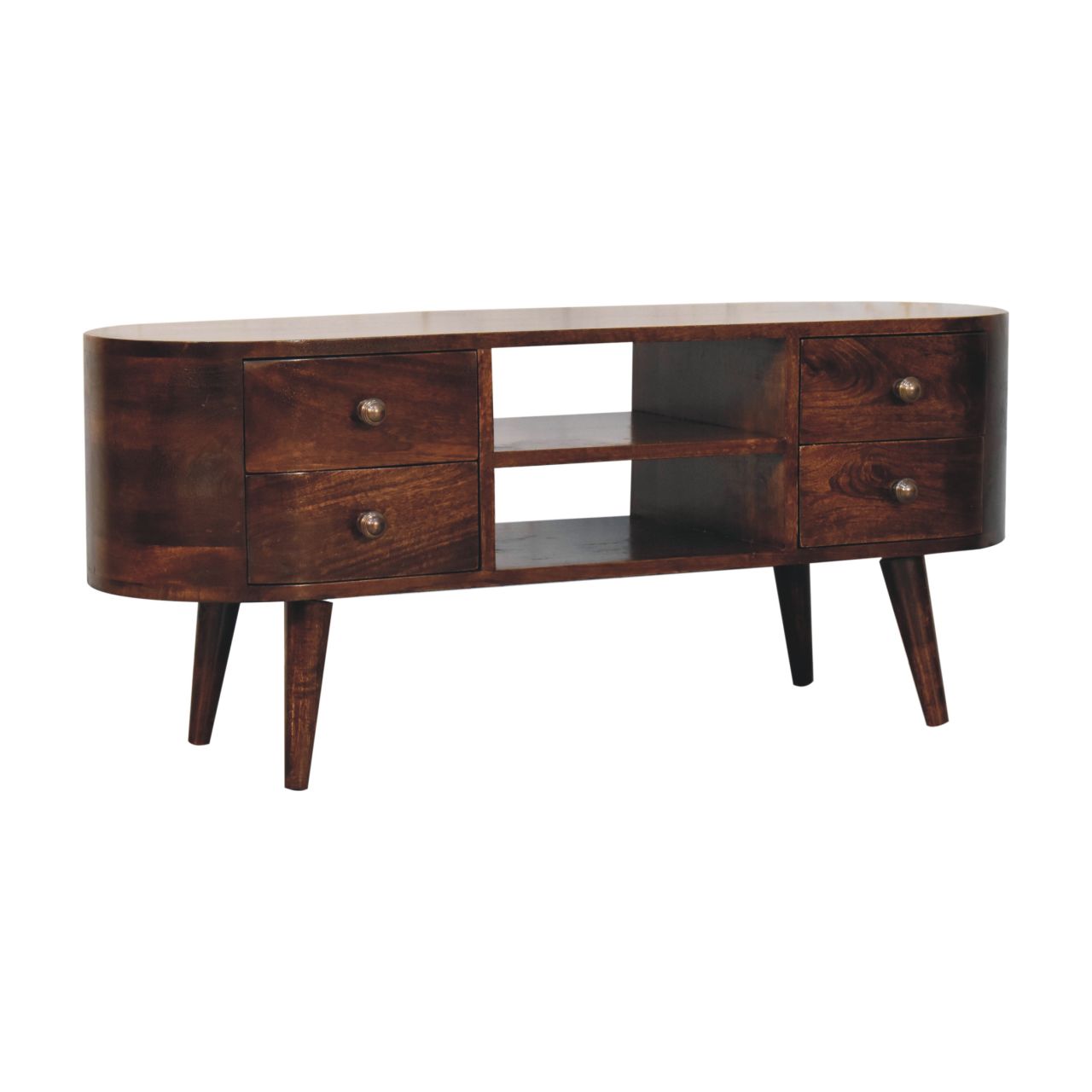 Solid Mango Wood California Walnut Finished Rounded 4 Drawer Entertainment Unit - Image 2