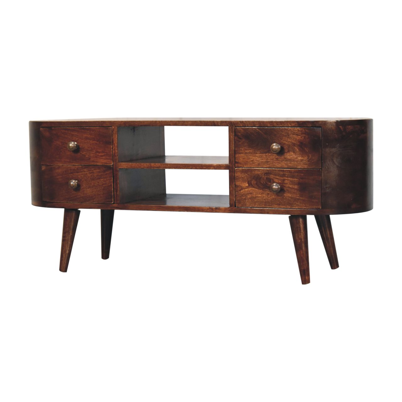 Solid Mango Wood California Walnut Finished Rounded 4 Drawer Entertainment Unit - Image 3