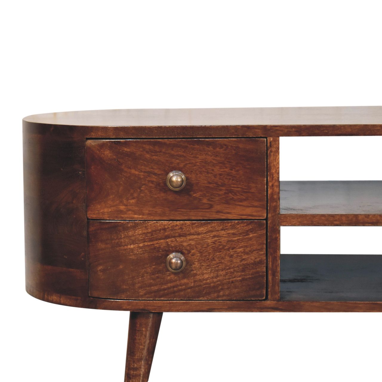 Solid Mango Wood California Walnut Finished Rounded 4 Drawer Entertainment Unit - Image 4