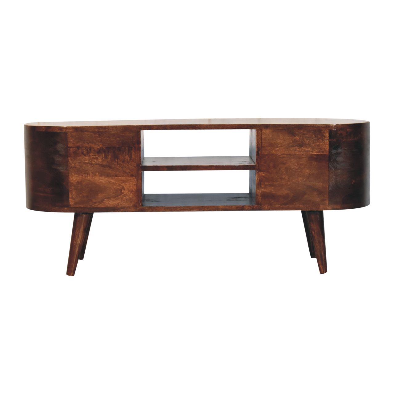 Solid Mango Wood California Walnut Finished Rounded 4 Drawer Entertainment Unit - Image 9