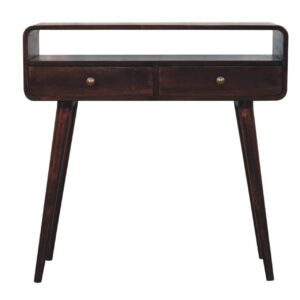 Solid Mango Wood California Walnut Finished Curved 2 Drawer Console Table