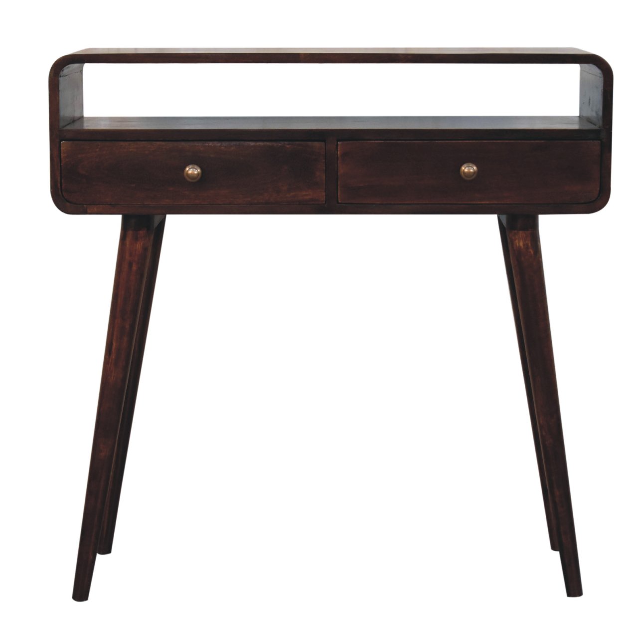 Solid Mango Wood California Walnut Finished Curved 2 Drawer Console Table