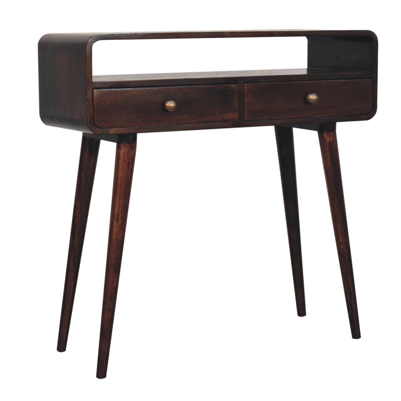 Solid Mango Wood California Walnut Finished Curved 2 Drawer Console Table - Image 2
