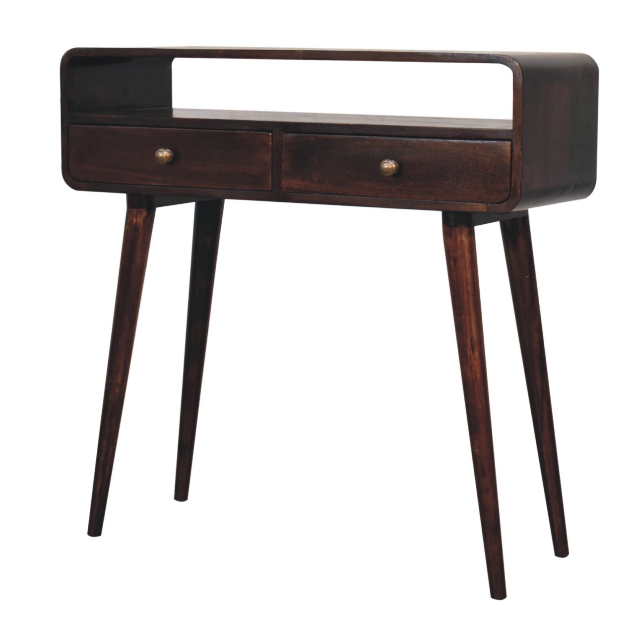 Solid Mango Wood California Walnut Finished Curved 2 Drawer Console Table - Image 3