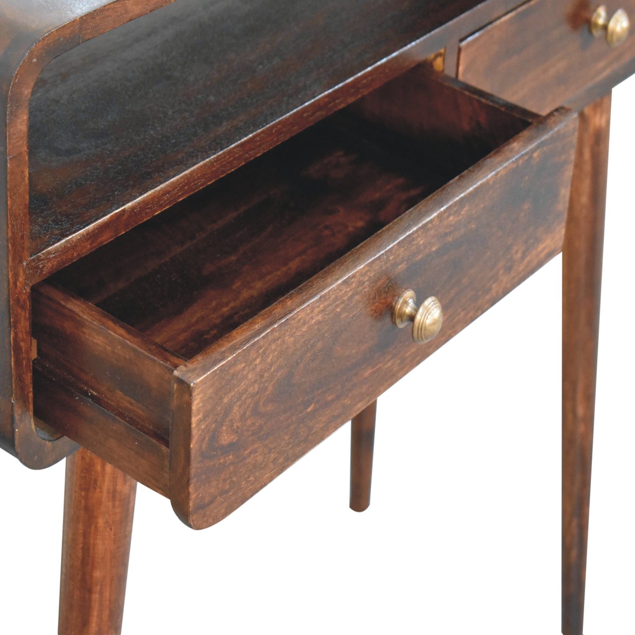 Solid Mango Wood California Walnut Finished Curved 2 Drawer Console Table - Image 6
