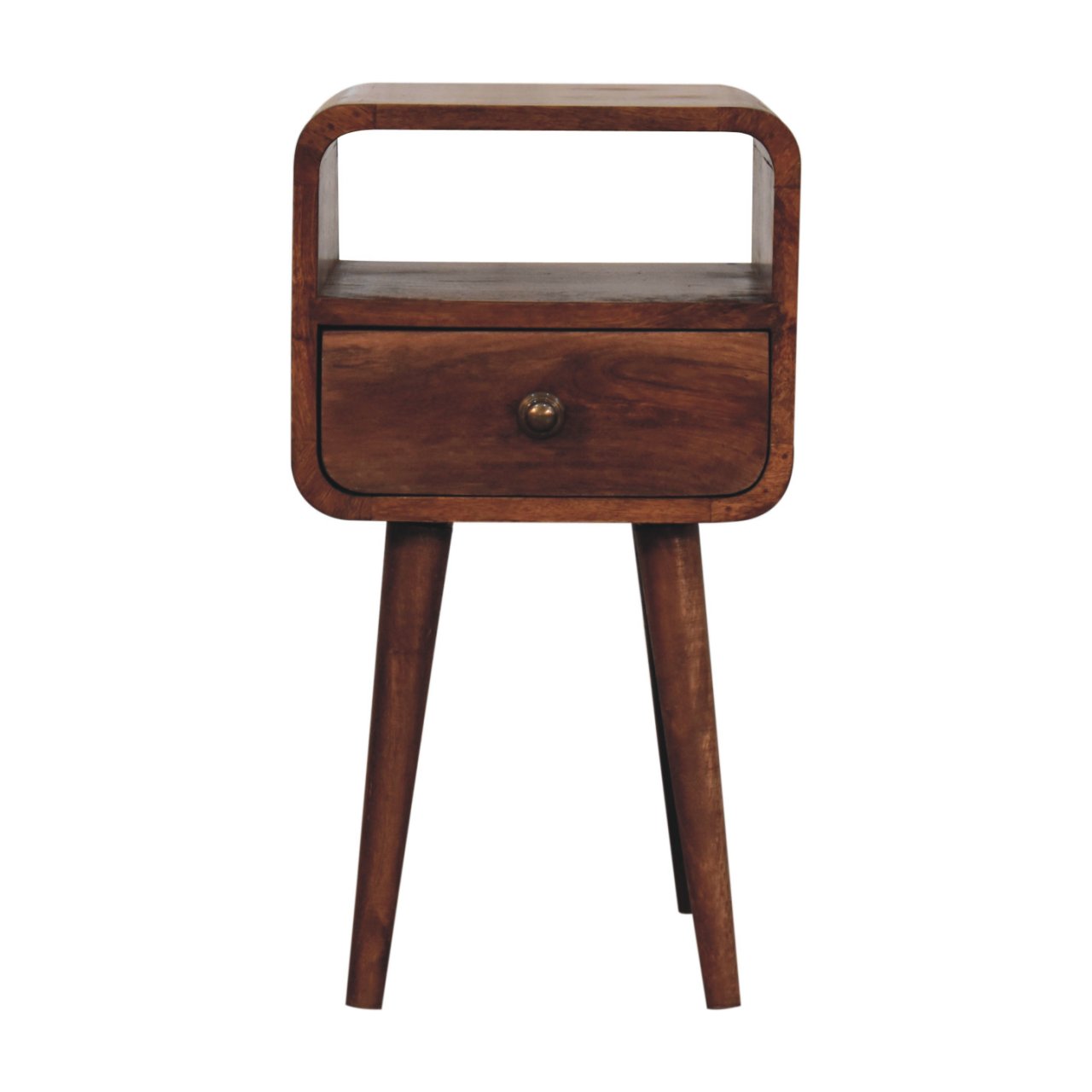 Solid Mango Wood Mini Honey Caramel Curved Bedside with Open Slot