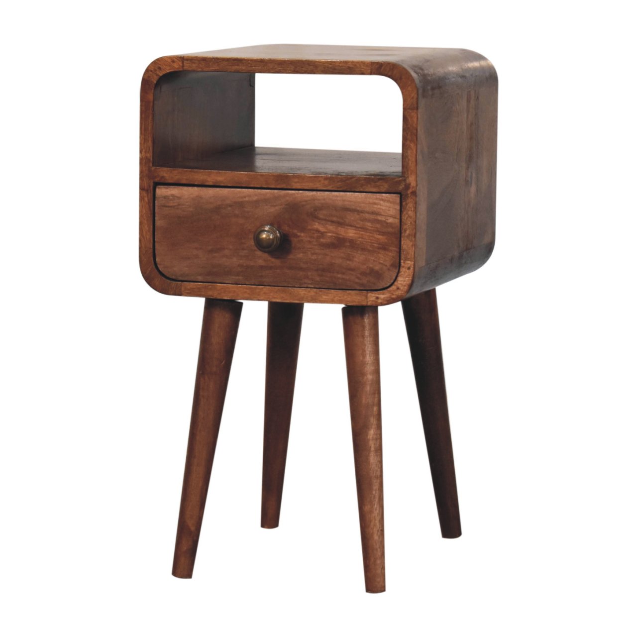 Solid Mango Wood Mini Honey Caramel Curved Bedside with Open Slot - Image 2