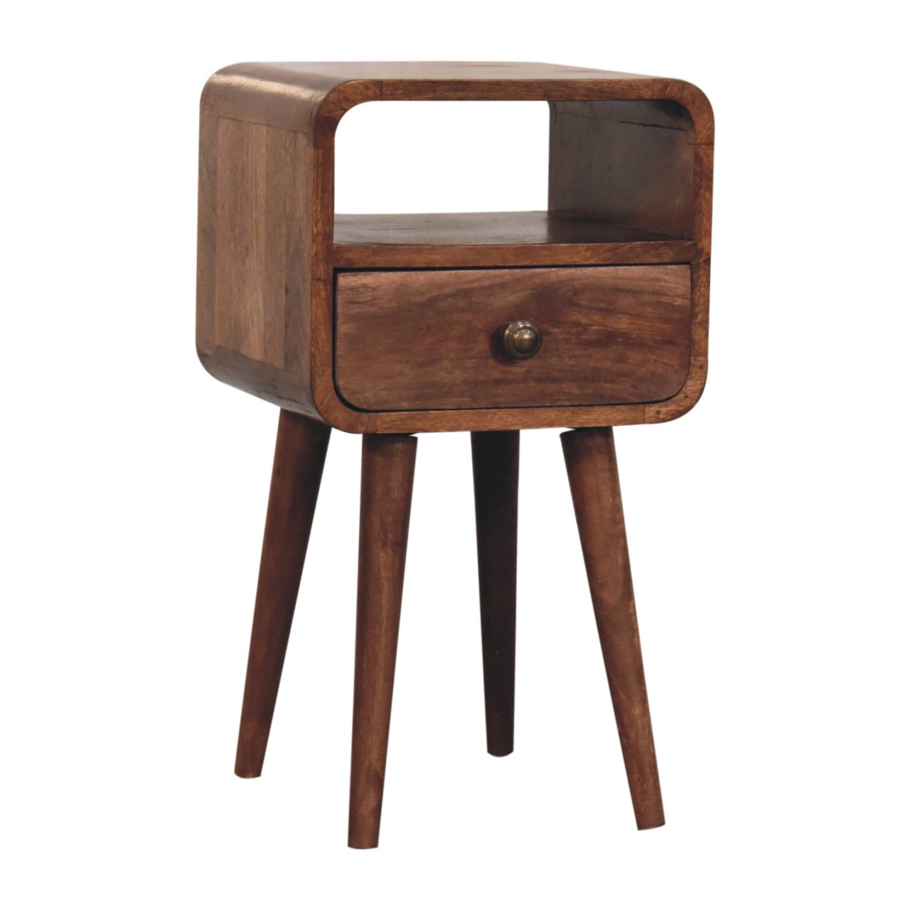 Solid Mango Wood Mini Honey Caramel Curved Bedside with Open Slot - Image 3
