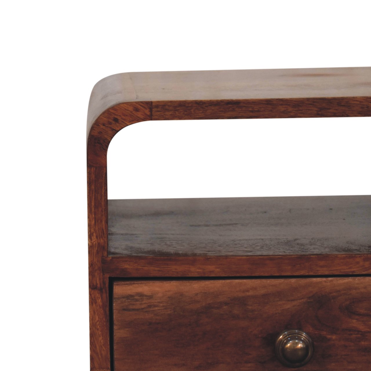 Solid Mango Wood Mini Honey Caramel Curved Bedside with Open Slot - Image 4