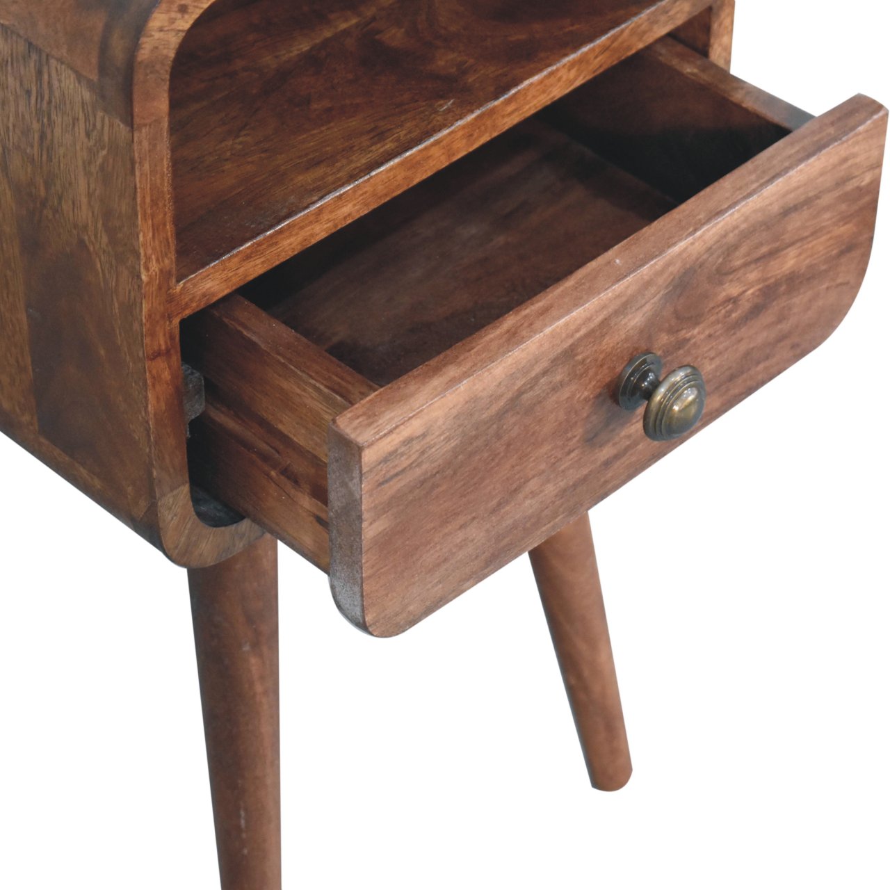 Solid Mango Wood Mini Honey Caramel Curved Bedside with Open Slot - Image 5