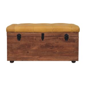 Solid Mango Wood Honey Caramel Finished & Buffalo Leather Storage Trunk
