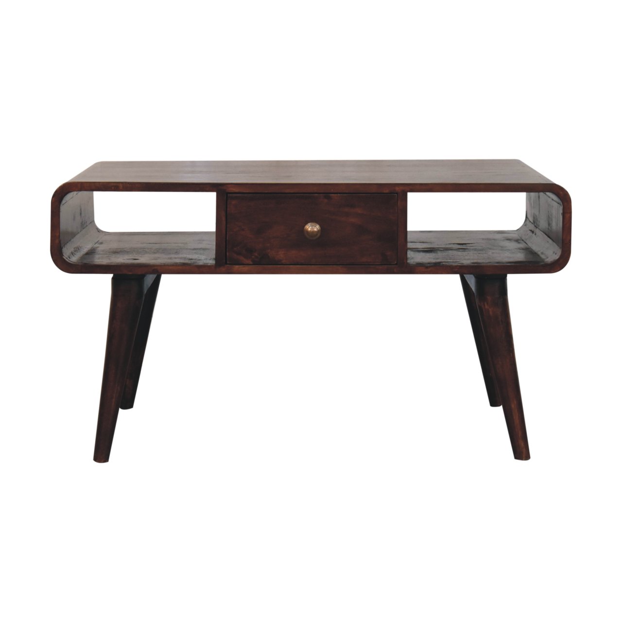 Solid Mango Wood California Walnut Finished 2 Drawer Curved Coffee Table