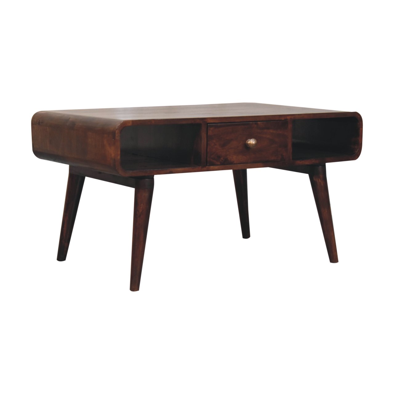 Solid Mango Wood California Walnut Finished 2 Drawer Curved Coffee Table - Image 2