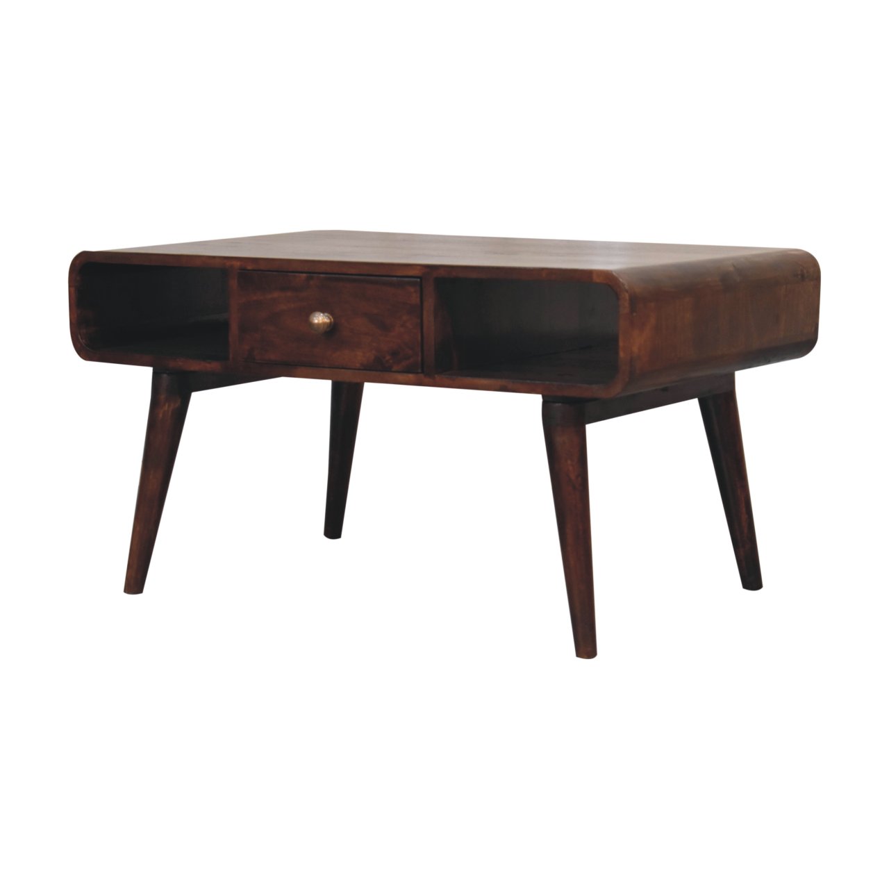 Solid Mango Wood California Walnut Finished 2 Drawer Curved Coffee Table - Image 3