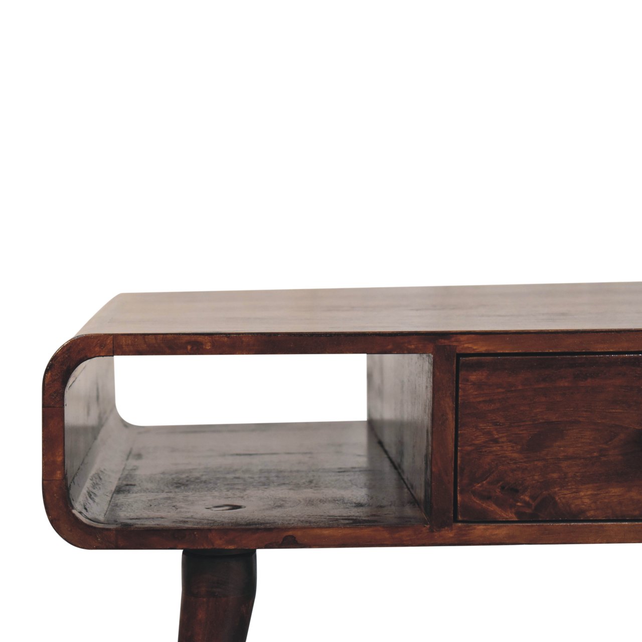Solid Mango Wood California Walnut Finished 2 Drawer Curved Coffee Table - Image 4