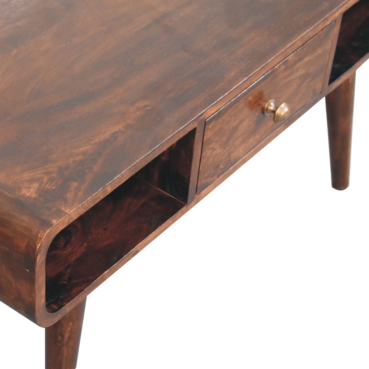 Solid Mango Wood California Walnut Finished 2 Drawer Curved Coffee Table - Image 5
