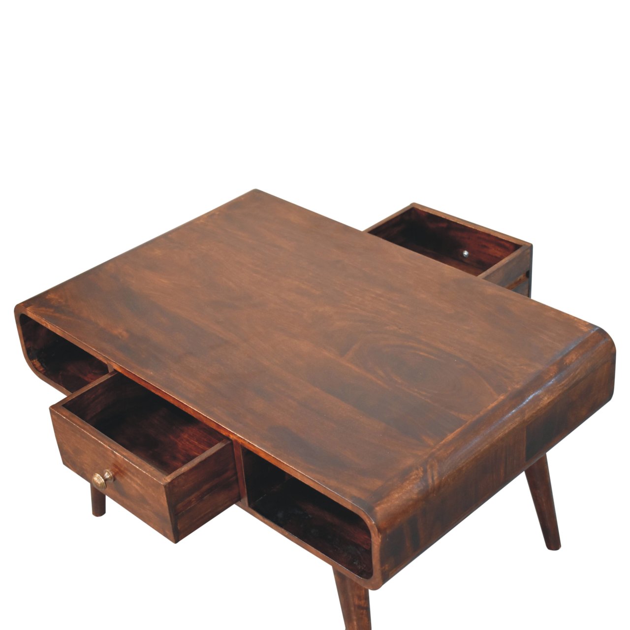 Solid Mango Wood California Walnut Finished 2 Drawer Curved Coffee Table - Image 6