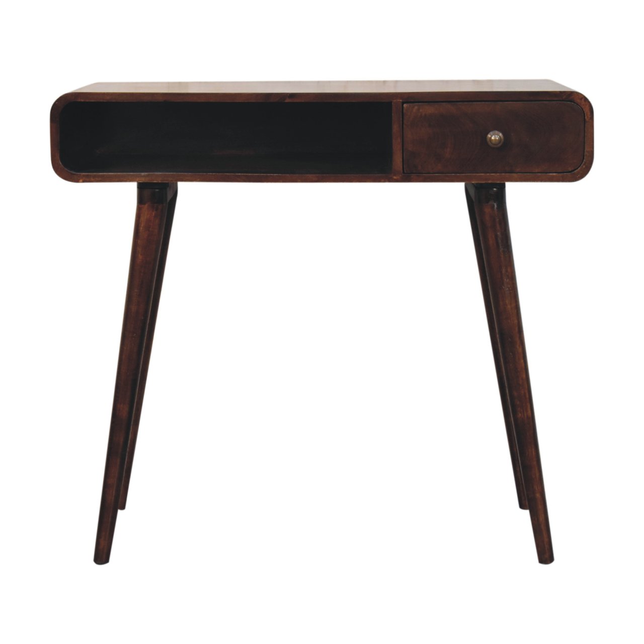 Solid Mango Wood California Walnut Finished Curved 1 Drawer 1 Slot Writing Desk