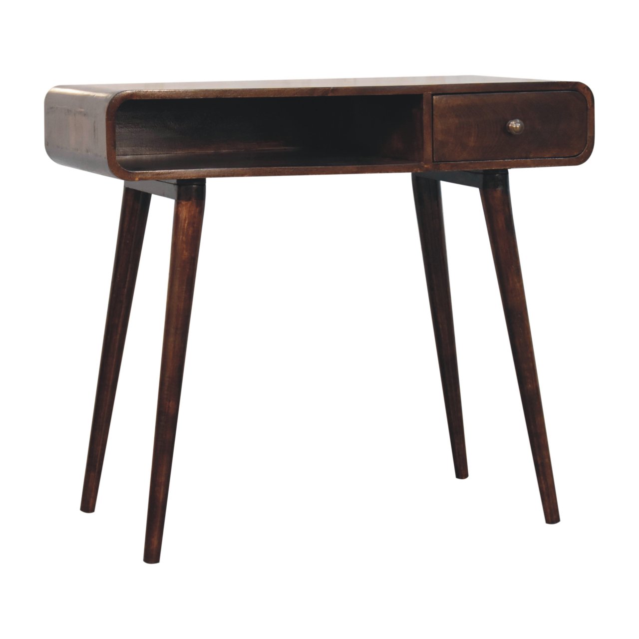 Solid Mango Wood California Walnut Finished Curved 1 Drawer 1 Slot Writing Desk - Image 3