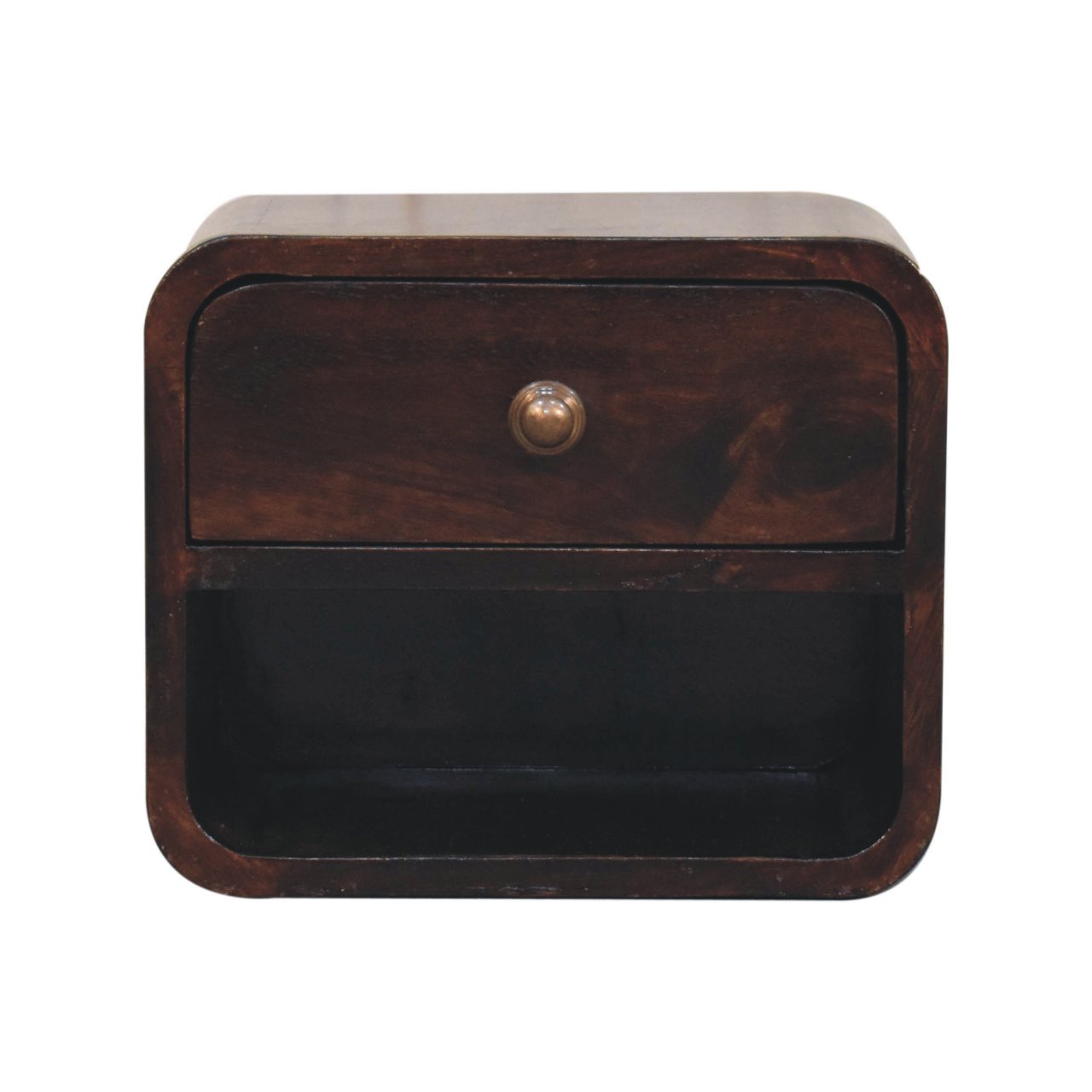 Solid Mango Wood Mini Curved California Walnut Wall Mounted Bedside with Open Slot