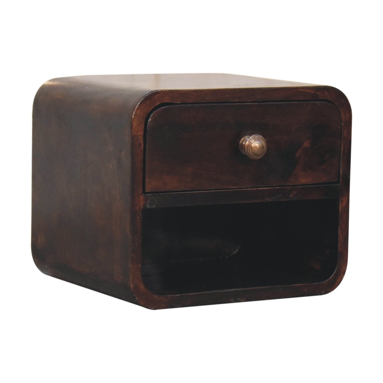 Solid Mango Wood Mini Curved California Walnut Wall Mounted Bedside with Open Slot - Image 2