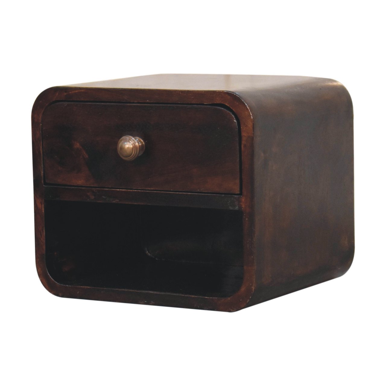 Solid Mango Wood Mini Curved California Walnut Wall Mounted Bedside with Open Slot - Image 3