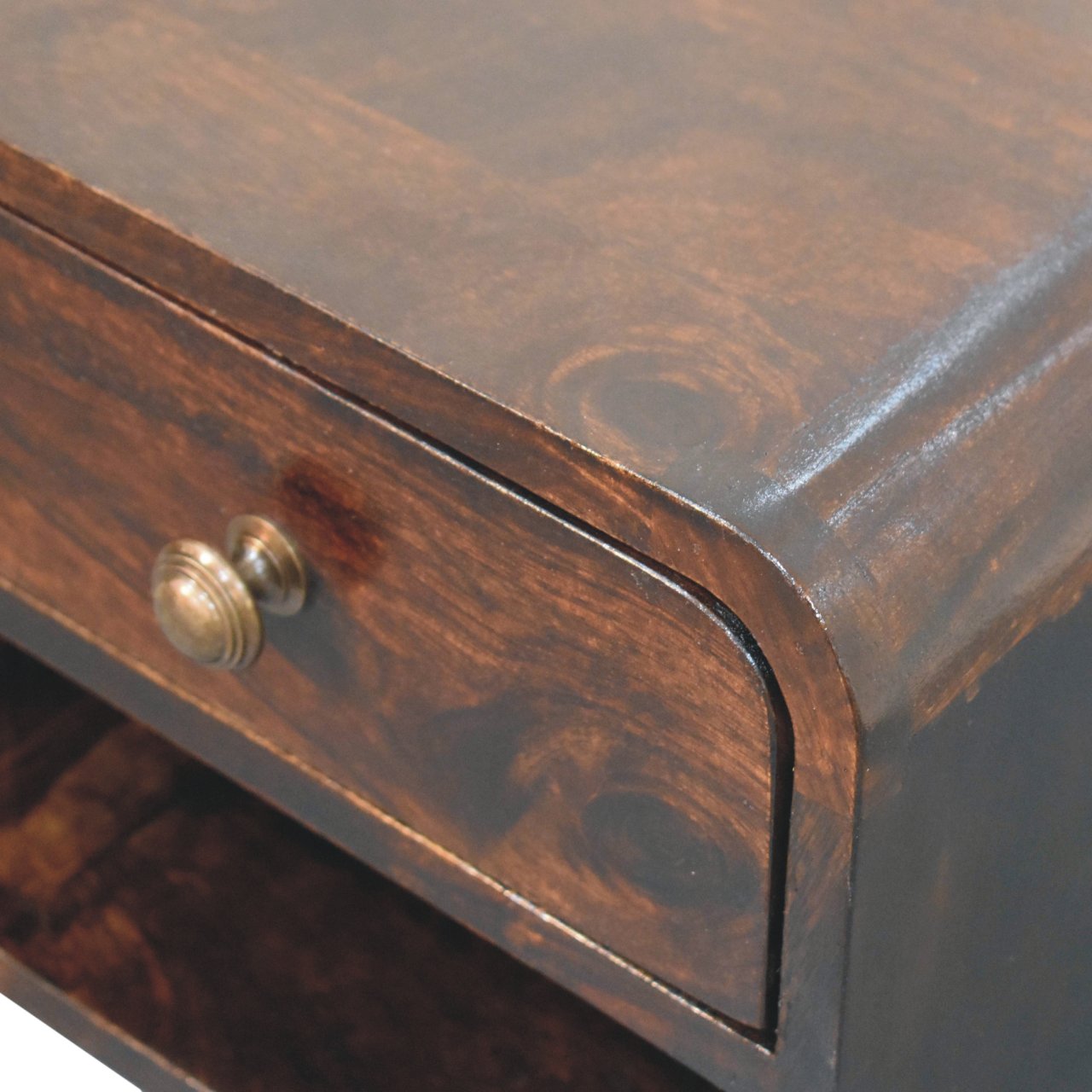 Solid Mango Wood Mini Curved California Walnut Wall Mounted Bedside with Open Slot - Image 5