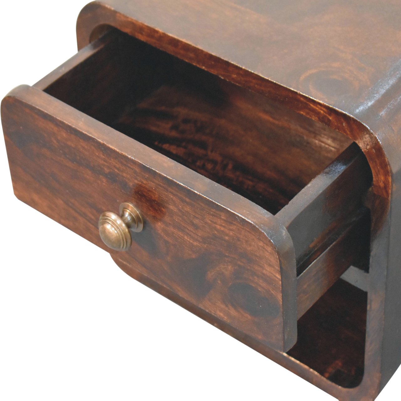 Solid Mango Wood Mini Curved California Walnut Wall Mounted Bedside with Open Slot - Image 6