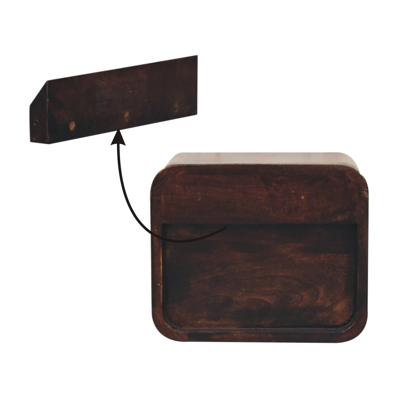Solid Mango Wood Mini Curved California Walnut Wall Mounted Bedside with Open Slot - Image 9