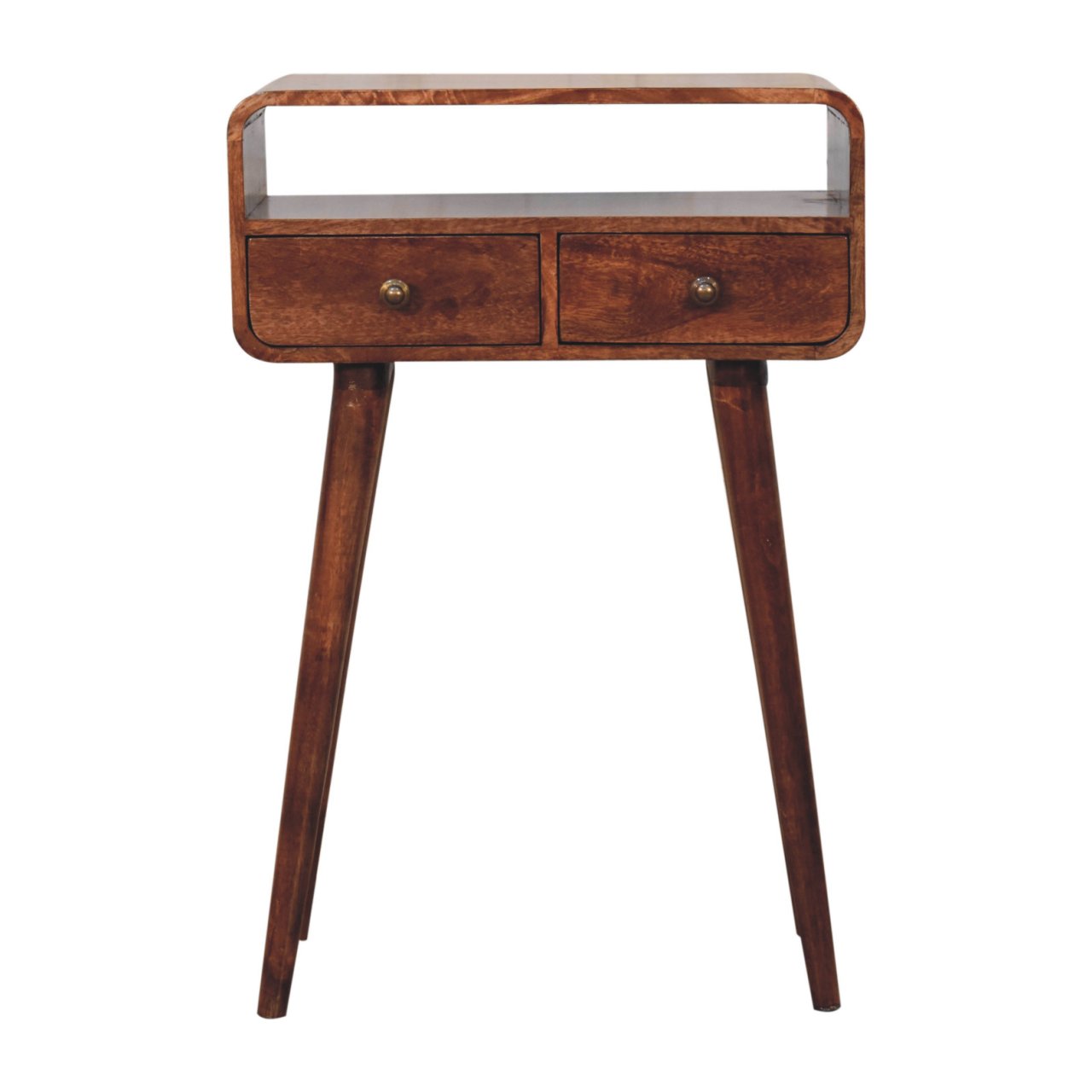 Solid Mango Wood Honey Caramel 2 Drawer Mini Curved Console Table - Image 2