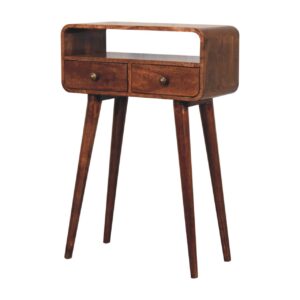 Solid Mango Wood Honey Caramel 2 Drawer Mini Curved Console Table