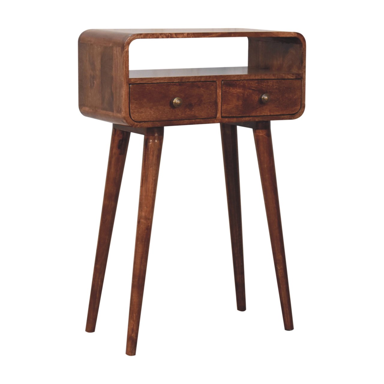 Solid Mango Wood Honey Caramel 2 Drawer Mini Curved Console Table - Image 3