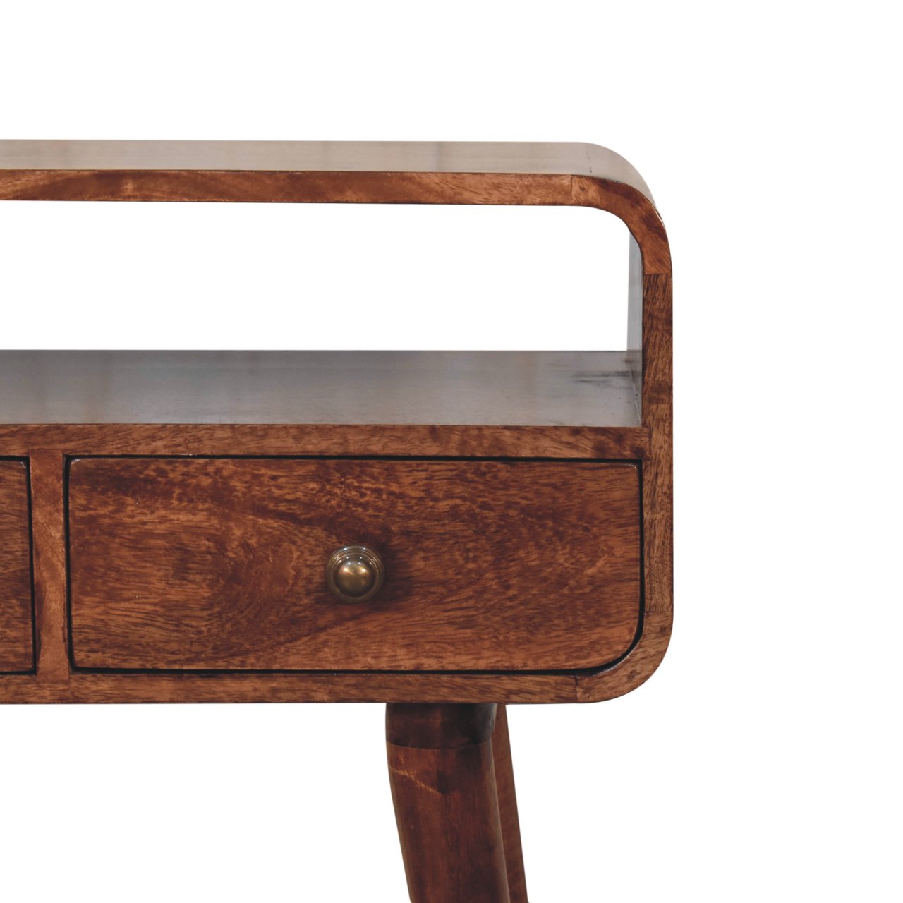 Solid Mango Wood Honey Caramel 2 Drawer Mini Curved Console Table - Image 4