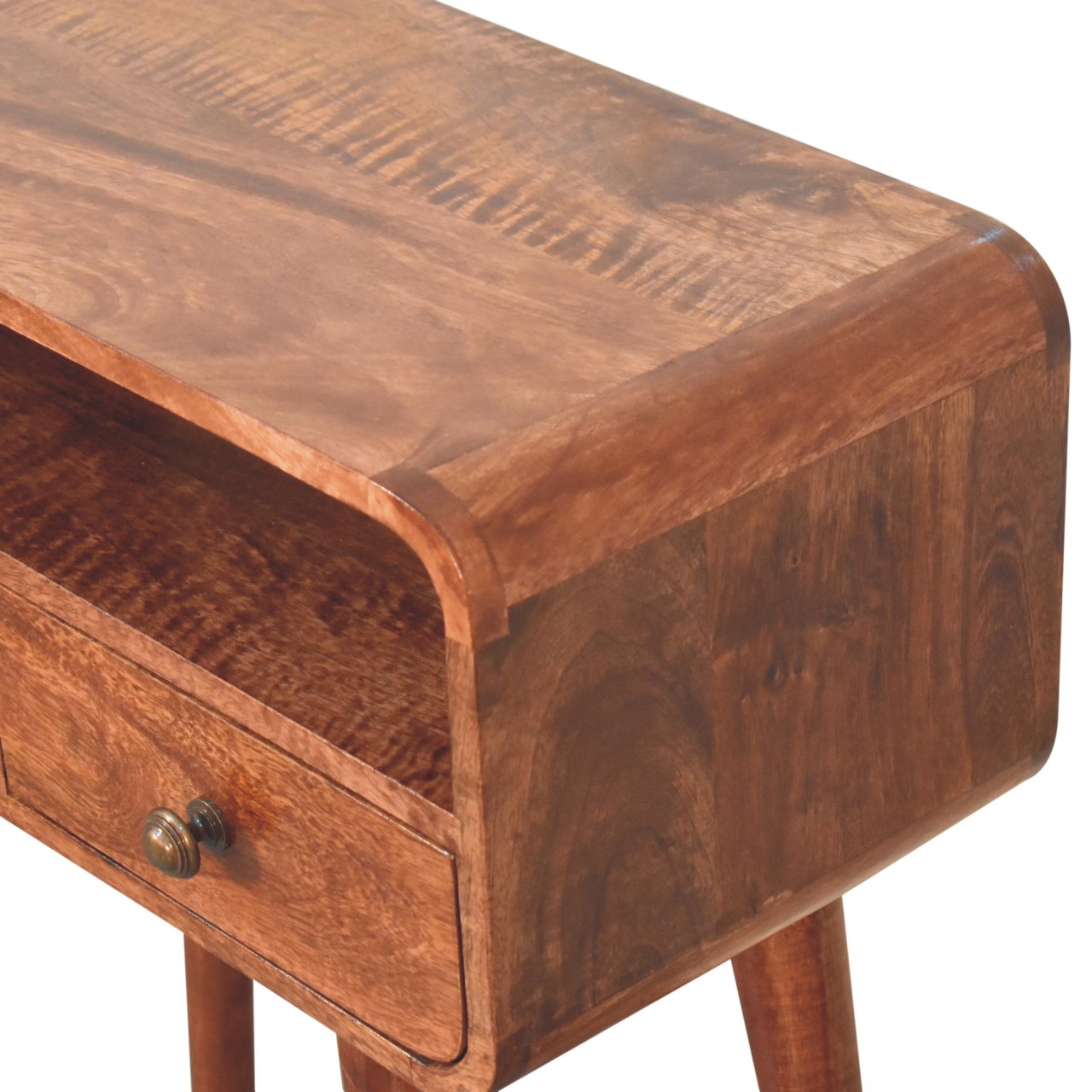 Solid Mango Wood Honey Caramel 2 Drawer Mini Curved Console Table - Image 5